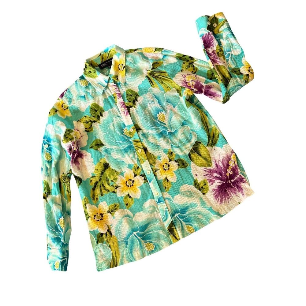 Jones NY Top Womens Size M Blue Floral Lightweight Long Sleeve Roll Tab Turquois